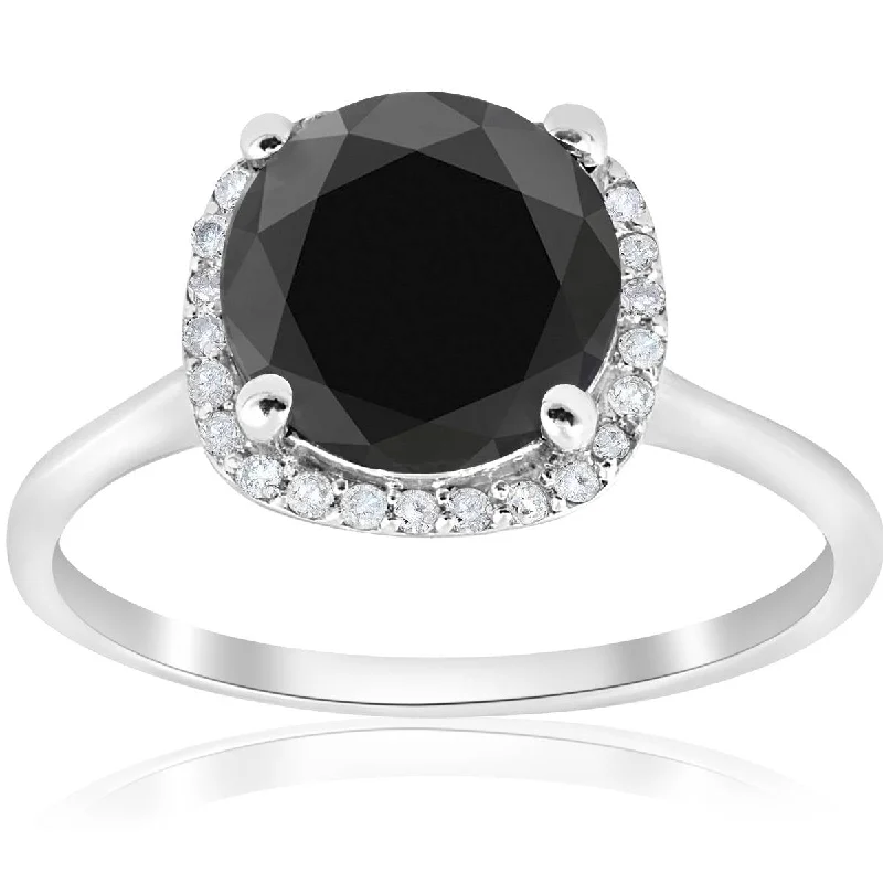 Women’s bezel set engagement rings-3 1/10ct Treated Black Diamond Cushion Halo Engagement Ring 14K White Gold