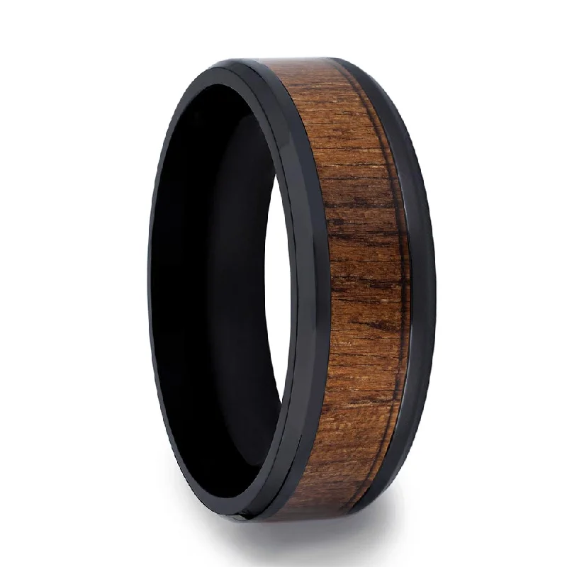 Classic gold rings for women-Black Ceramic Wedding Band with Black Walnut Wood Inlay