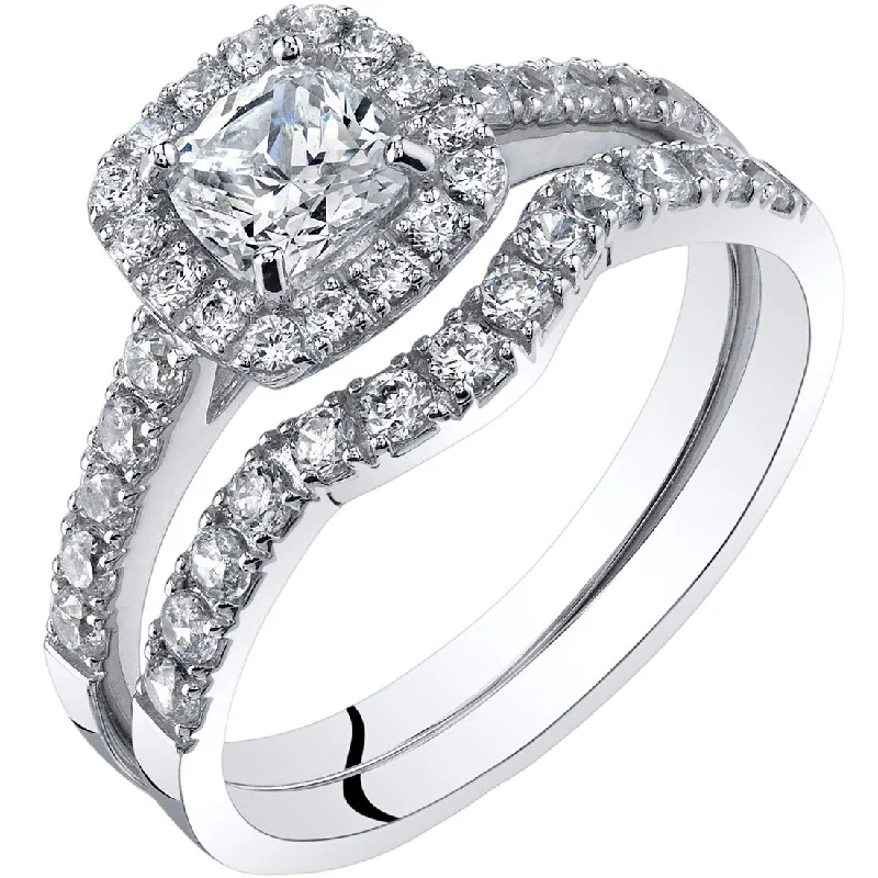 Solitaire engagement rings for women-14k White Gold Cushion Cut Engagement Ring & Wedding Band Set