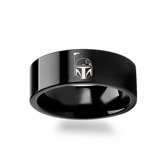 Women’s ring sets-Star Wars Boba Fett Helmet Black Tungsten Wedding Band