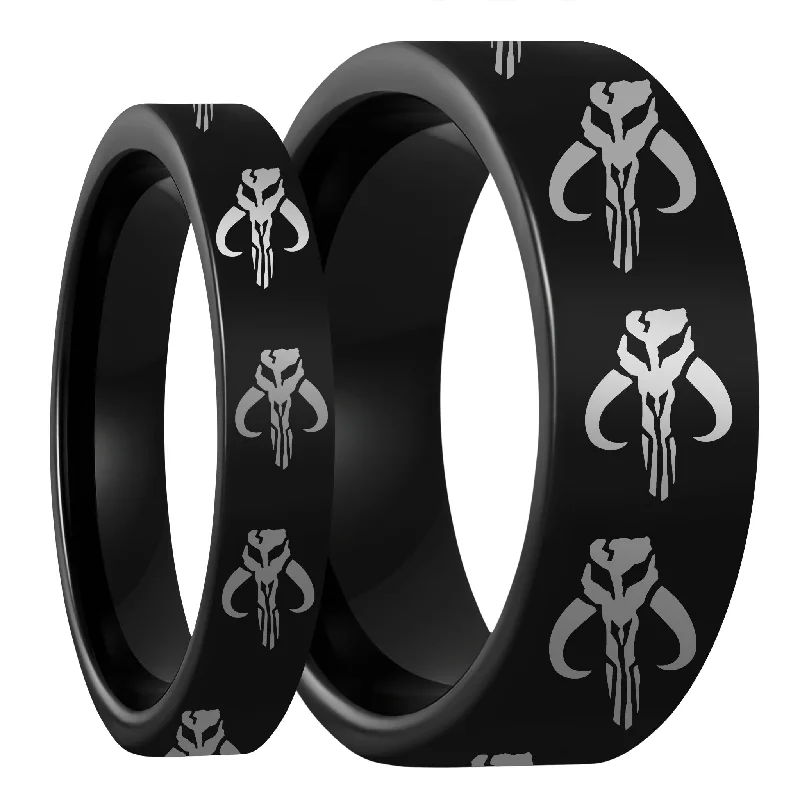 Elegant women’s diamond rings-Star Wars Mandalorian Symbol Black Tungsten Couple's Matching Wedding Band Set