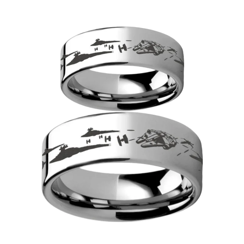 Women’s statement rings with diamonds-Star Wars Battle Scene Tungsten Couple's Matching Wedding Band Set