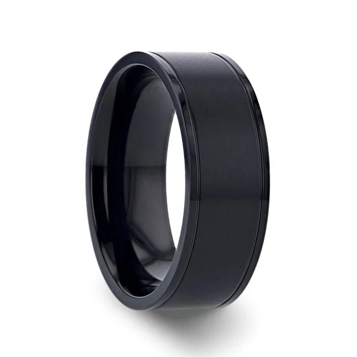 Women’s statement rings-Black Titanium Men's Wedding Band with Dual Grooves