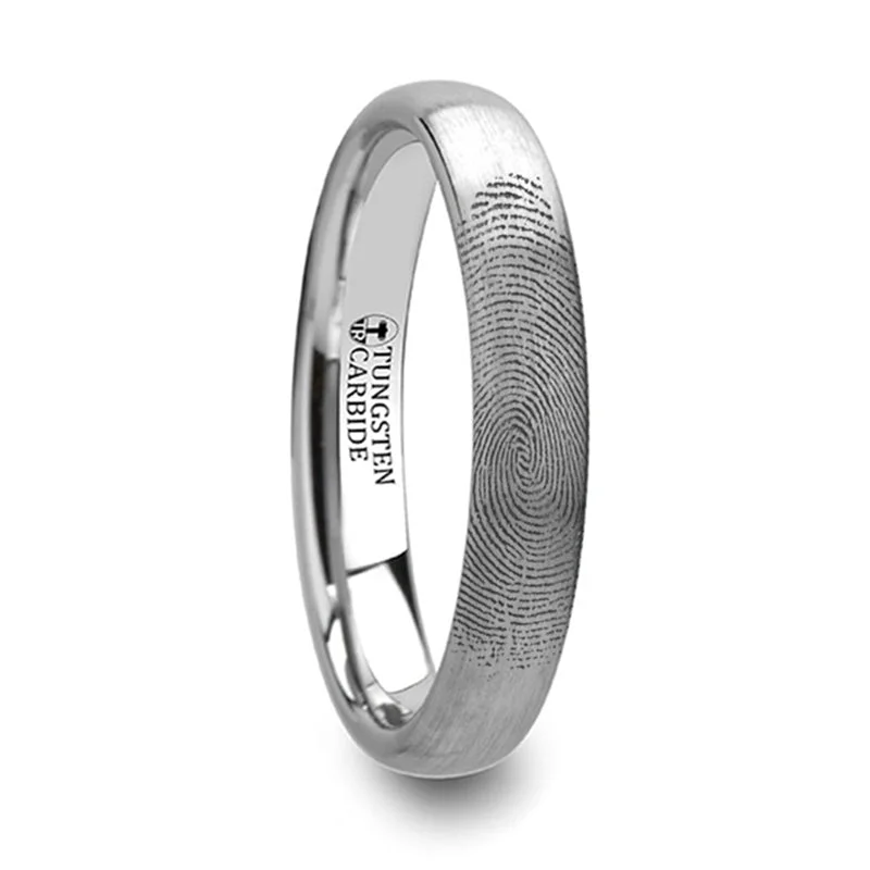 Women’s promise rings-Custom Fingerprint Engraved Brushed Tungsten Domed Women's Ring