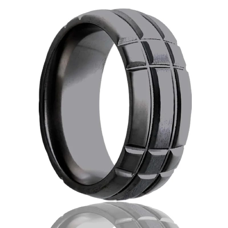 Large gemstone rings for women-Intersecting Grooves Domed Satin Finish Zirconium Men's Wedding Band