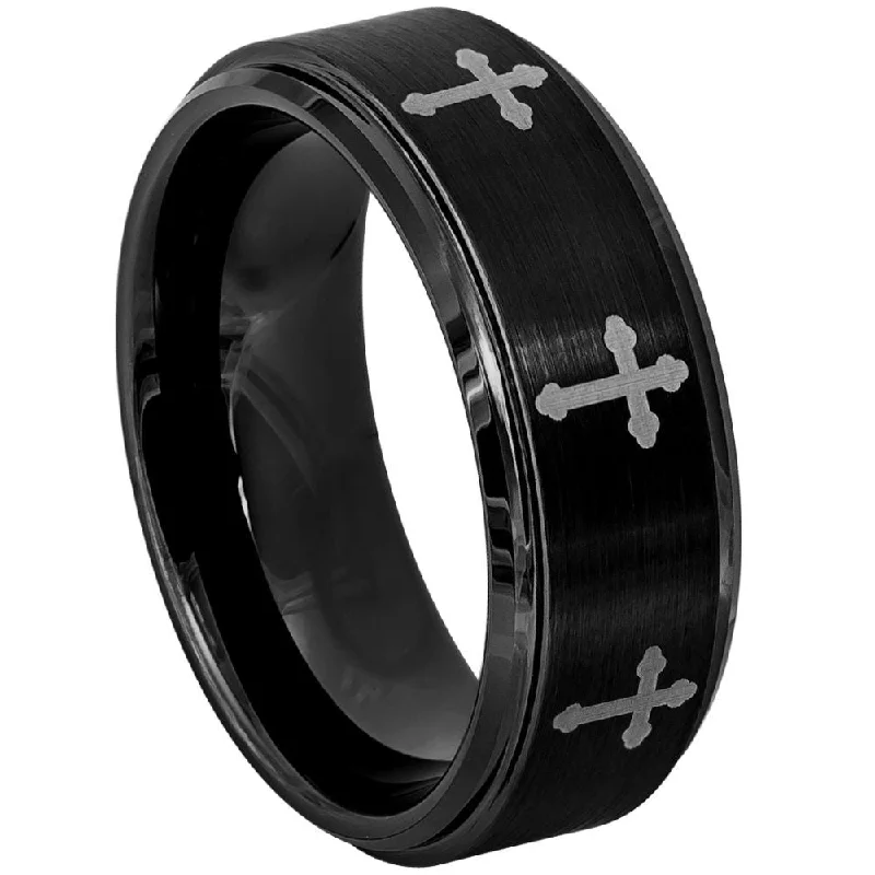 Trendy silver rings for women-Black Tungsten Men's Wedding Band with Engraved Crosses