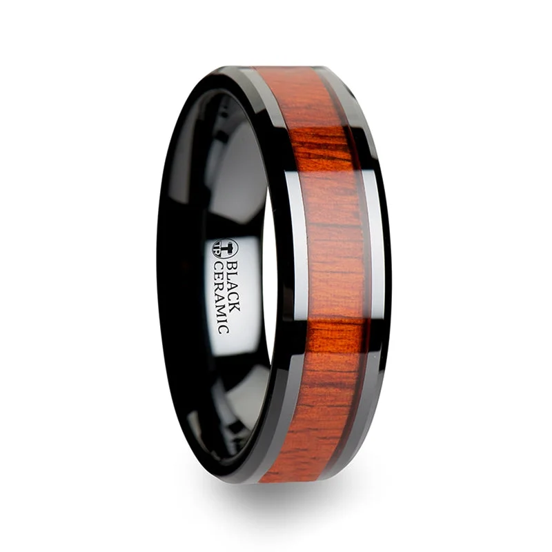 Women’s rings for formal events-Black Ceramic Wedding Band with Padauk Wood Inlay