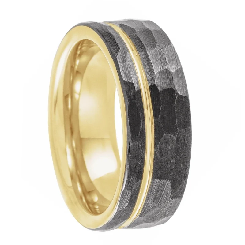 Unique women’s wedding bands-Hammered Tungsten Men's Wedding Band with Gold Groove & Interior