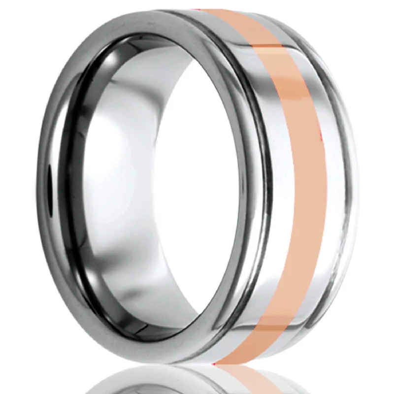 Large gemstone rings for women-14k Rose Gold Inlay Cobalt Wedding Band with Grooved Edges