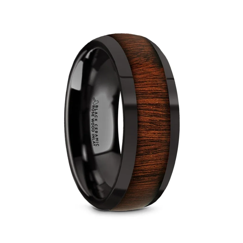 Women’s stackable rings-Rosewood Inlay Black Ceramic Men's Wedding Band