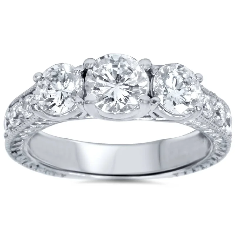 Women’s radiant cut engagement rings-2ct Vintage Three Stone Round Diamond Engagement Ring 14K White Gold