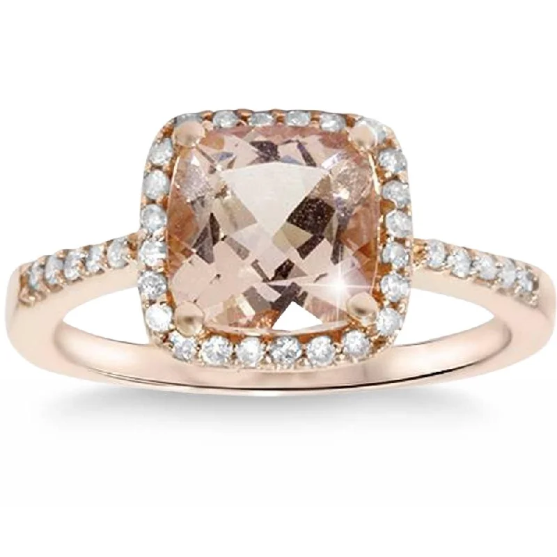 Women’s minimalistic engagement rings-2 5/8ct Cushion Morganite Vintage Halo Engagement Ring 14K Rose Gold