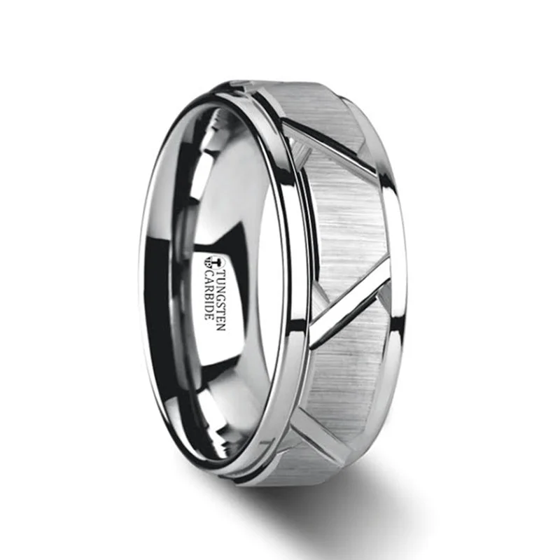 Women’s eternity bands-Tungsten Wedding Band with Triangle Grooves