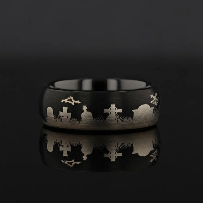 Luxurious platinum rings for women-Halloween Graveyard Engraved Black Tungsten Wedding Band