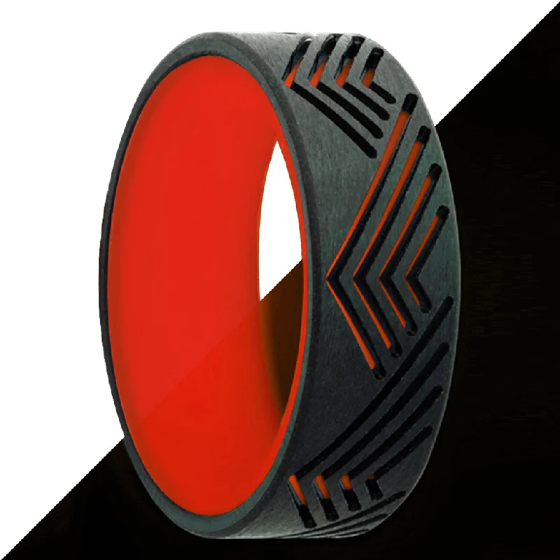 Women’s rings with gemstones-Red Glow in the Dark Zirconium Men's Wedding Band with Geometric Mountain Cutouts