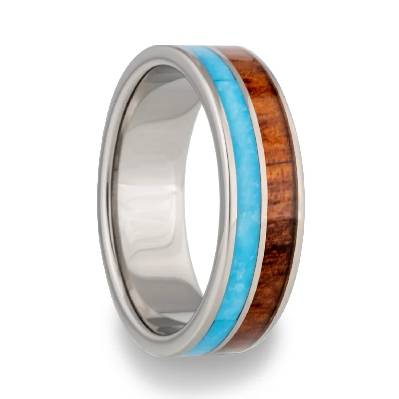 Gold engagement rings for women-Tungsten Wedding Band with Turquoise & Koa Wood Inlay