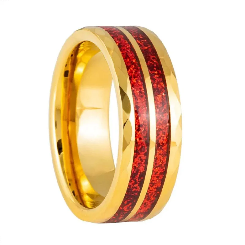 Women’s rings with colorful sapphires-Red Confetti Inlaid Gold Tungsten Men's Wedding Band