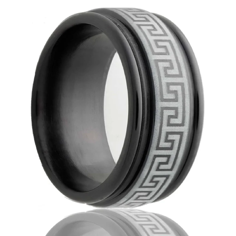 Stylish women’s rings-Greek Key Grooved Zirconium Wedding Band