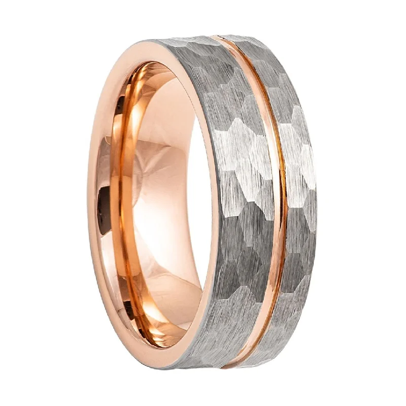 Women’s black diamond rings-Hammered Tungsten Men's Wedding Band with Rose Gold Groove and Interior