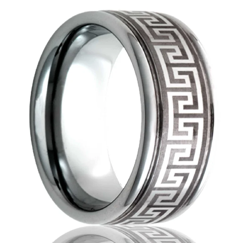 Women’s delicate rings for everyday wear-Greek Key Grooved Tungsten Wedding Band