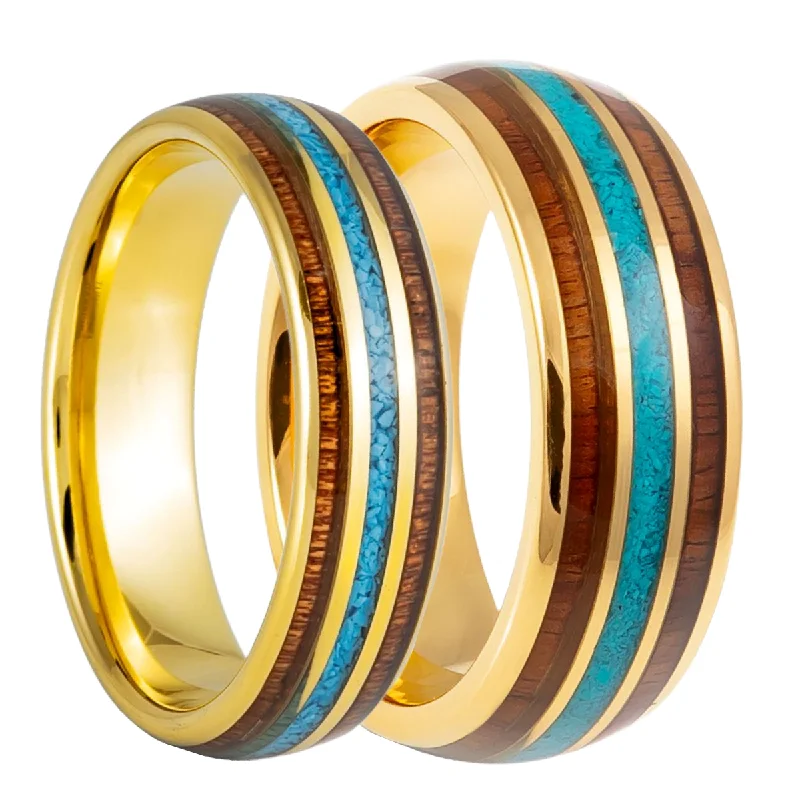 Silver rings with diamond accents-Wood & Turquoise Inlaid Gold Tungsten Couple's Matching Wedding Band Set