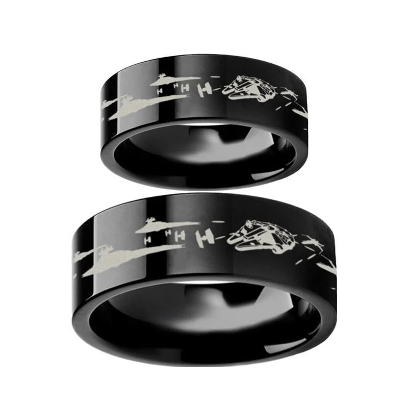 Women’s rings with amethyst stones-Star Wars Battle Scene Black Tungsten Couple's Matching Wedding Band Set