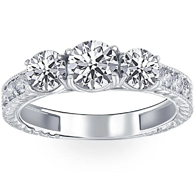 Women’s engagement rings with side stones-1 3/4ct Vintage Three Stone Round Diamond Engagement Ring 14K White Gold