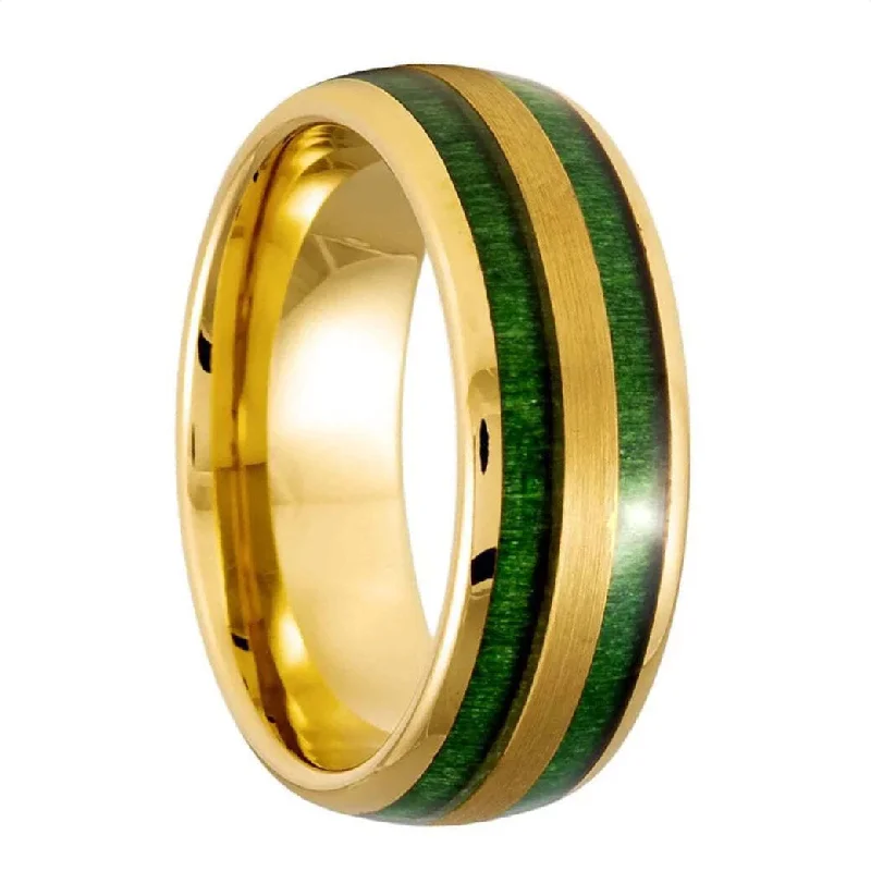 Fashionable rings for women-Jade Green Wood Inlaid Gold Tungsten Men's Wedding Band