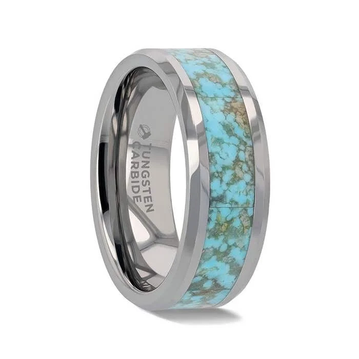 Women’s rings for casual wear-Tungsten Men's Wedding Band with Light Turquoise Spider Web Inlay