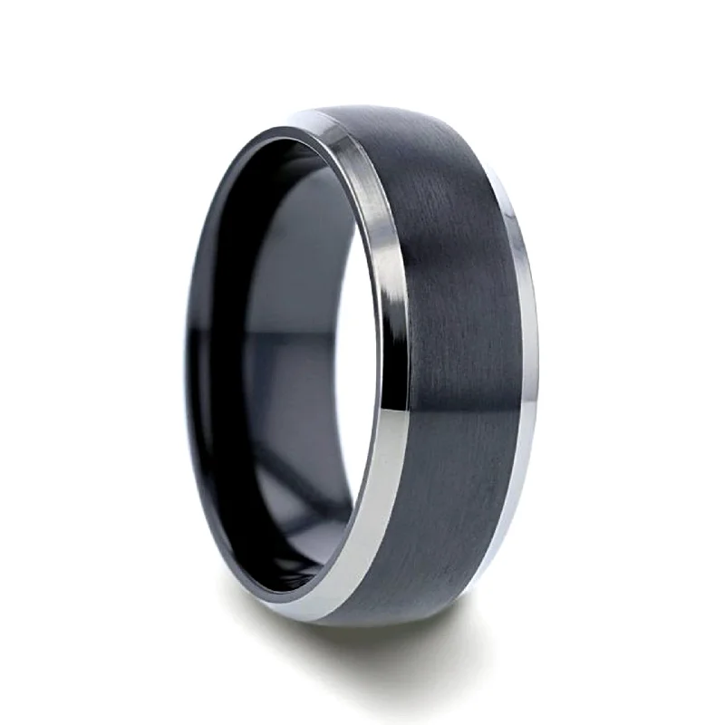 Women’s rings with aquamarine stones-Brushed Black Titanium Men's Wedding Band with Silver Edges