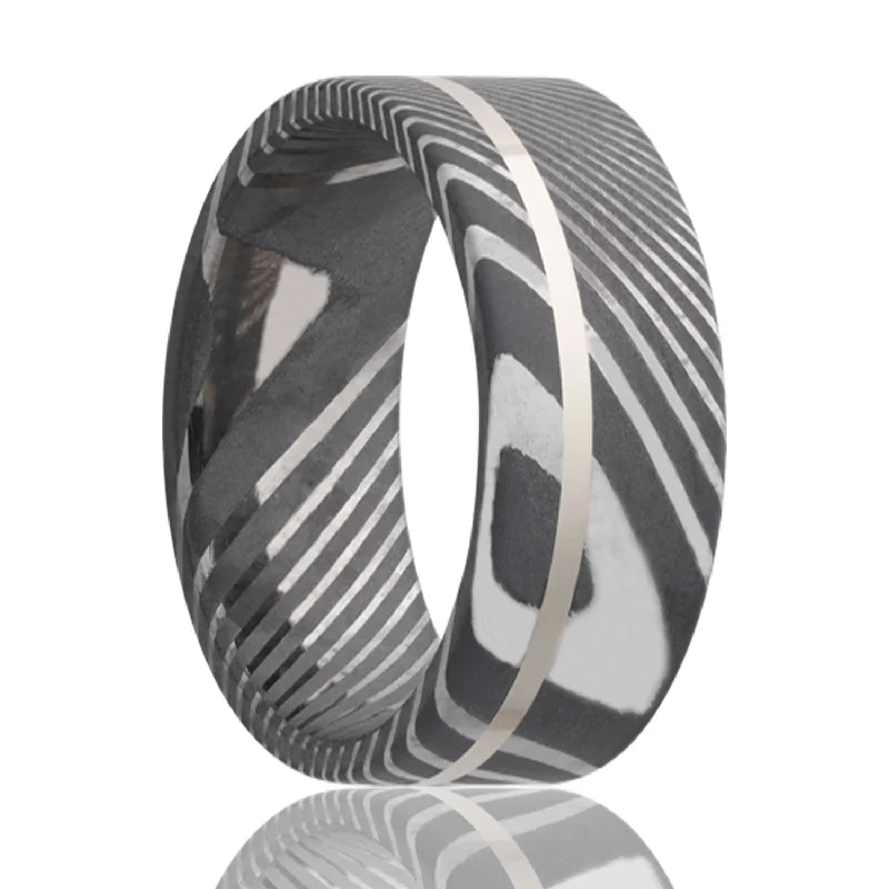 Women’s adjustable rings-Asymmetrical Silver Inlay Damascus Steel Men's Wedding Band