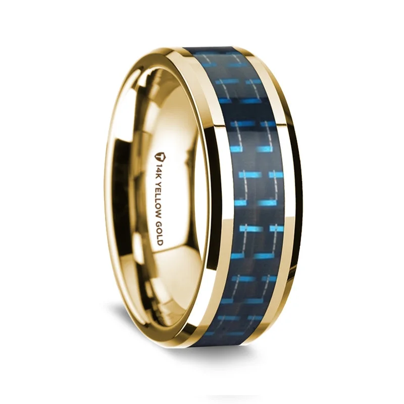 Women’s rings with gemstones-14k Yellow Gold Men's Wedding Band with Black & Blue Carbon Fiber Inlay