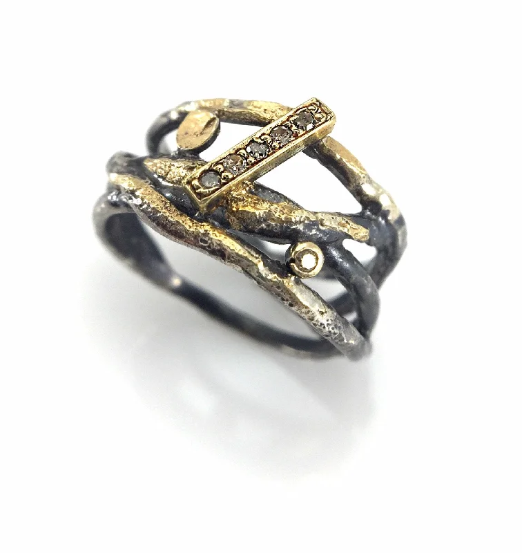 Engagement rings with heart-shaped diamonds-Oxidized Silver, Pave set Diamonds and 22k Gold Wrap Ring