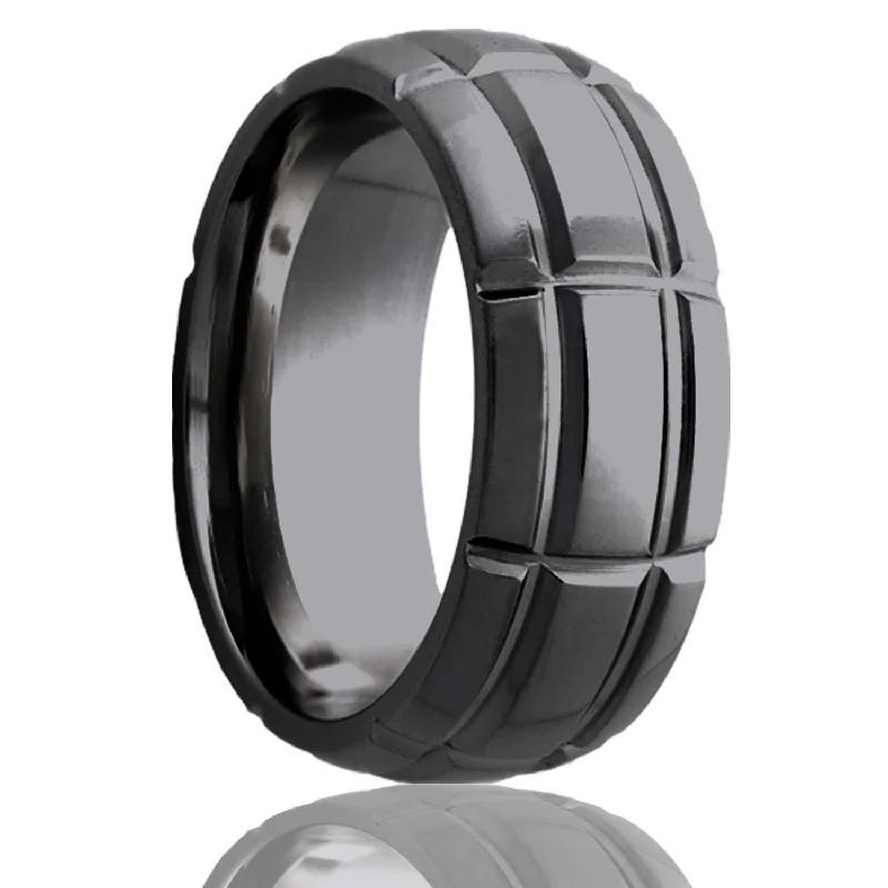 Diamond wedding rings for women-Intersecting Groove Pattern Domed Zirconium Men's Wedding Band