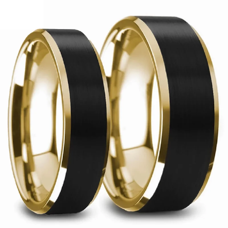 Women’s rings with intricate designs-Gold Tungsten Couple's Matching Wedding Band Set with Black Center