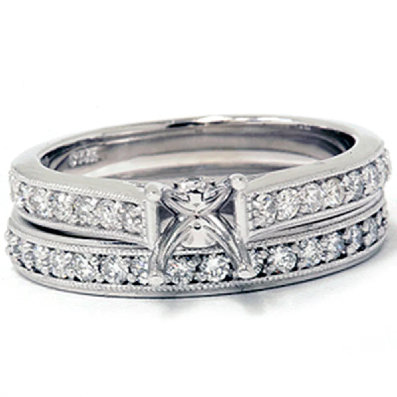 Engagement rings with vintage bands-3/4ct SI Diamond Engagement Mount Wedding Ring Set 14K White Gold