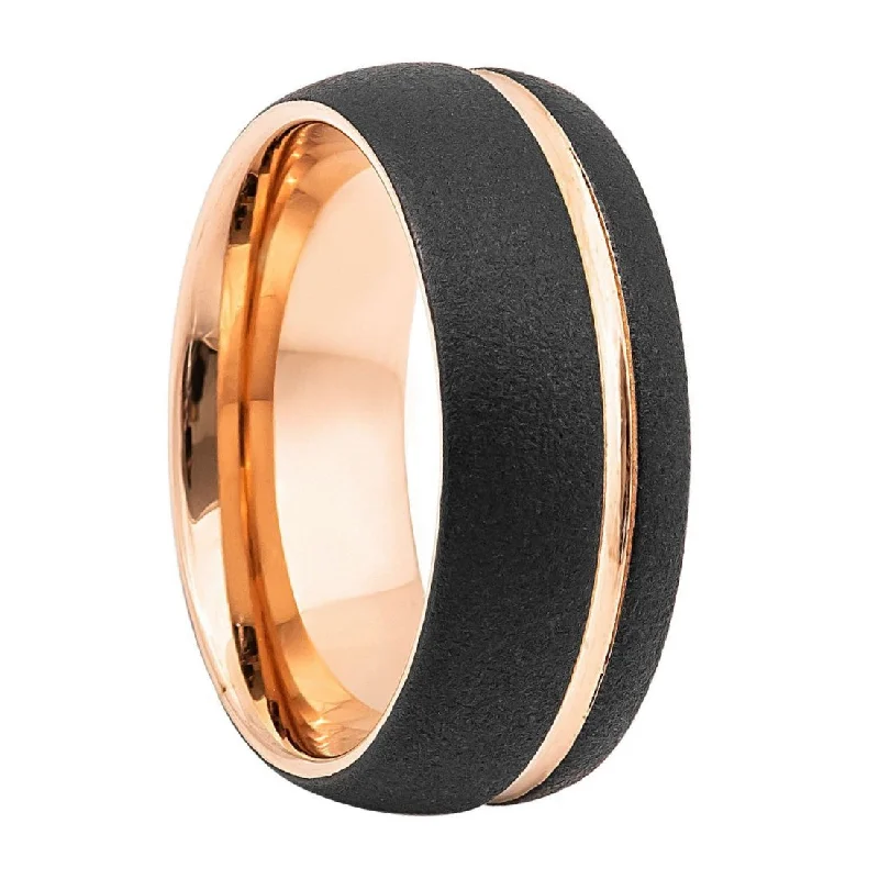 Women’s rings with intricate carvings-Sandblasted Black Tungsten Men's Wedding Band with Asymmetrical Rose Gold Groove and Interior