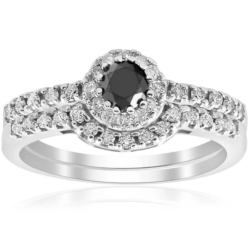 Diamond engagement rings for women-7/8ct Black Pave Halo Diamond Vintage Engagement Wedding Ring Set 14k White Gold