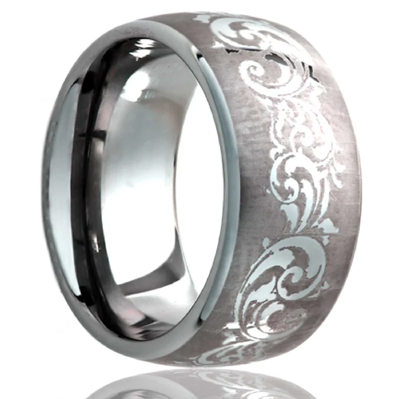 Women’s silver rings with diamonds-Swirl Pattern Domed Tungsten Wedding Band