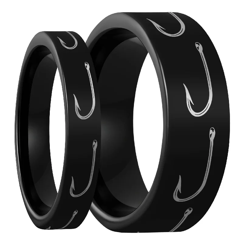 Women’s wedding rings-Fishing Hook Black Tungsten Couple's Matching Wedding Band Set