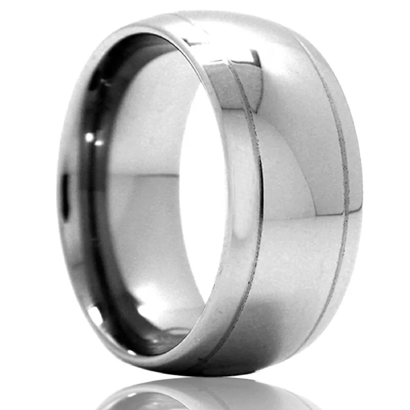 Vintage-style rings for women-Domed Tungsten Wedding Band with Grooved Edges