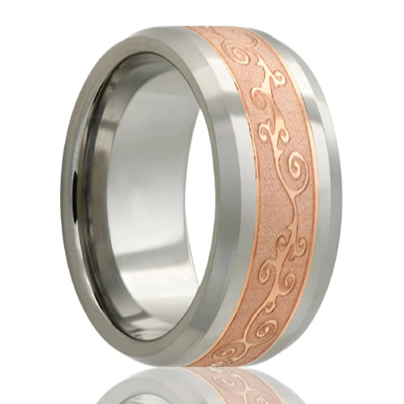 Unique birthstone rings for women-Scroll Pattern Copper Inlay Tungsten Men's Wedding Band with Beveled Edges