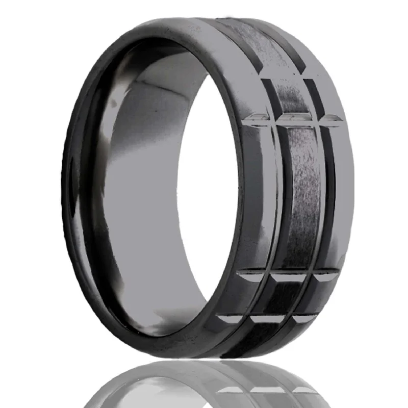 Women’s rings for special occasions-Intersecting Grooves Satin Finish Zirconium Men's Wedding Band with Beveled Edges