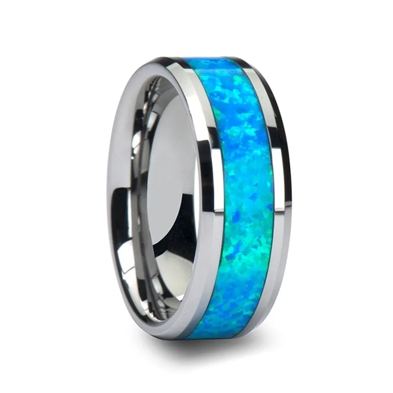 Women’s gemstone cocktail rings-Tungsten Men's Wedding Band with Blue & Green Opal Inlay