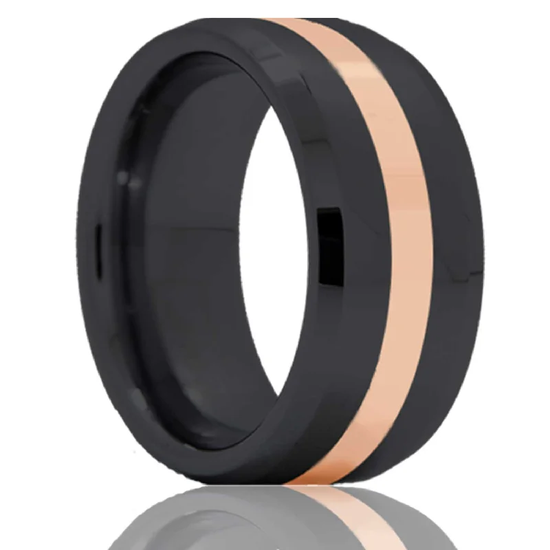 Trendy fashion rings for women-14k Rose Gold Inlay Zirconium Wedding Band with Beveled Edges