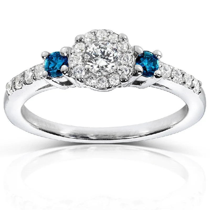 Women’s stackable engagement rings-Annello by Kobelli 14k White Gold 2/5ct Blue and White Diamond Three Stone Engagement Ring