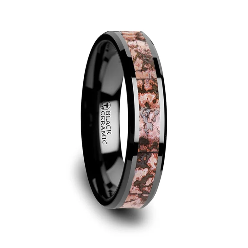 Women’s rings with emerald-cut diamonds-Pink Dinosaur Bone Inlaid Black Ceramic Women's Wedding Band