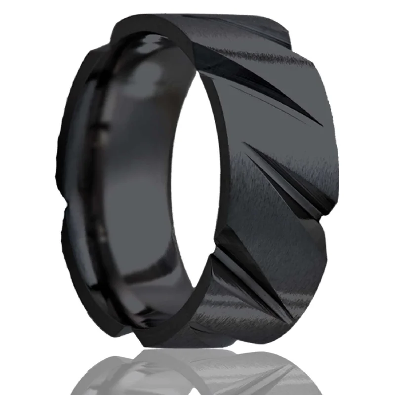 Women’s black diamond rings-Diagonal Slash Satin Finish Zirconium Wedding Band