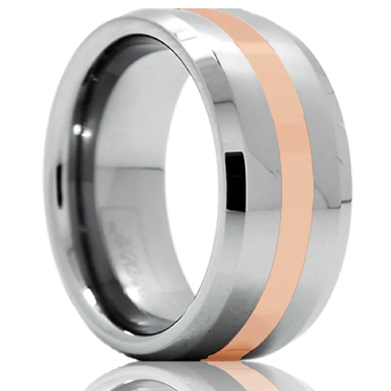 Women’s eternity rings-Solid 14k Rose Gold Inlay Cobalt Wedding Band with Beveled Edges