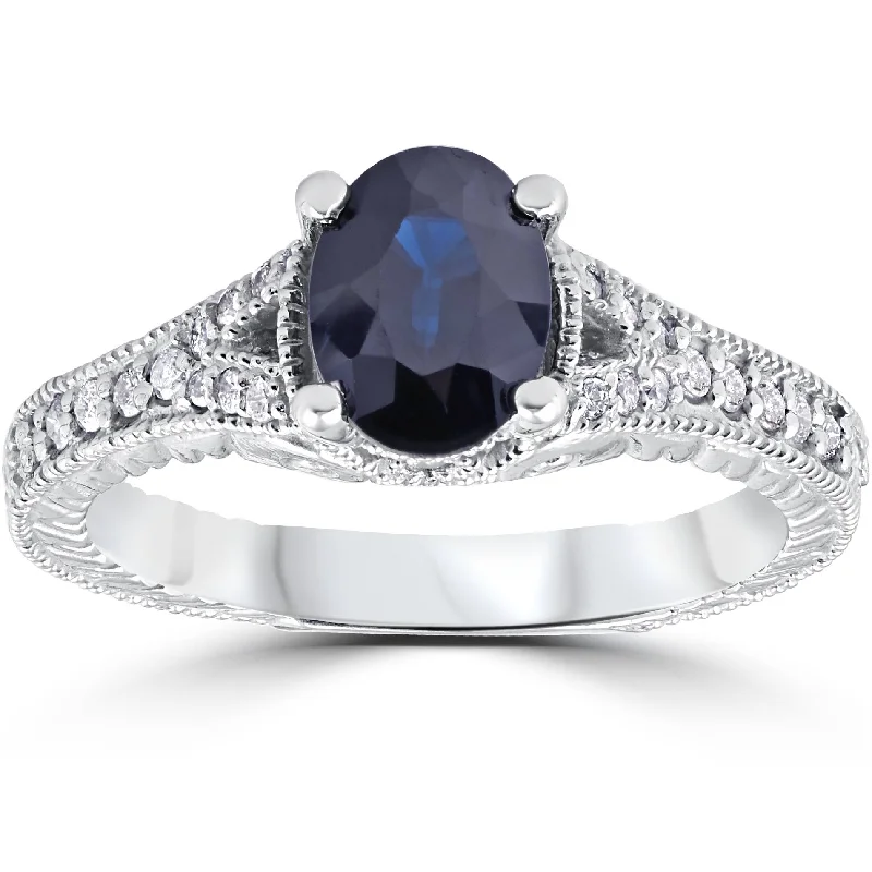 Women’s engagement rings with side stones-2ct Vintage Diamond Black Sapphire Engagement Ring 14K White Gold